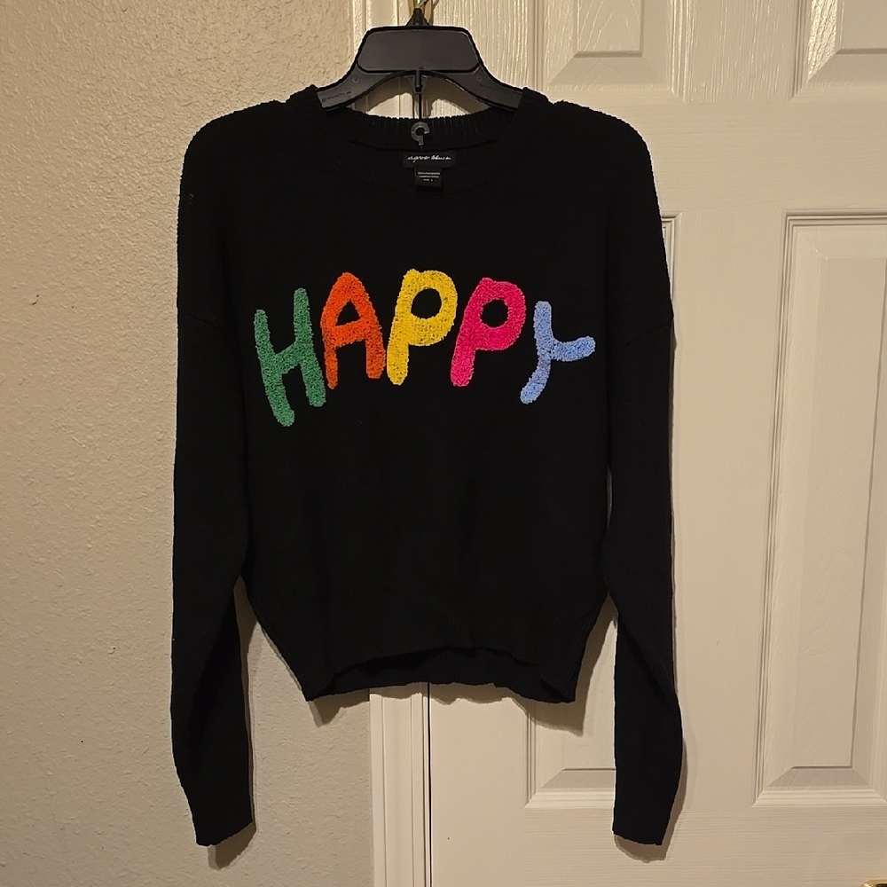 NWOT Agua Blues Junior Womens Black Sweater with Colorful 'HAPPY' Text Size L